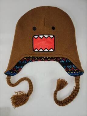 Domo Kun Beanie Trapper Hat Cap Ear Flaps Braids Reversible Aztec Rare Adult
